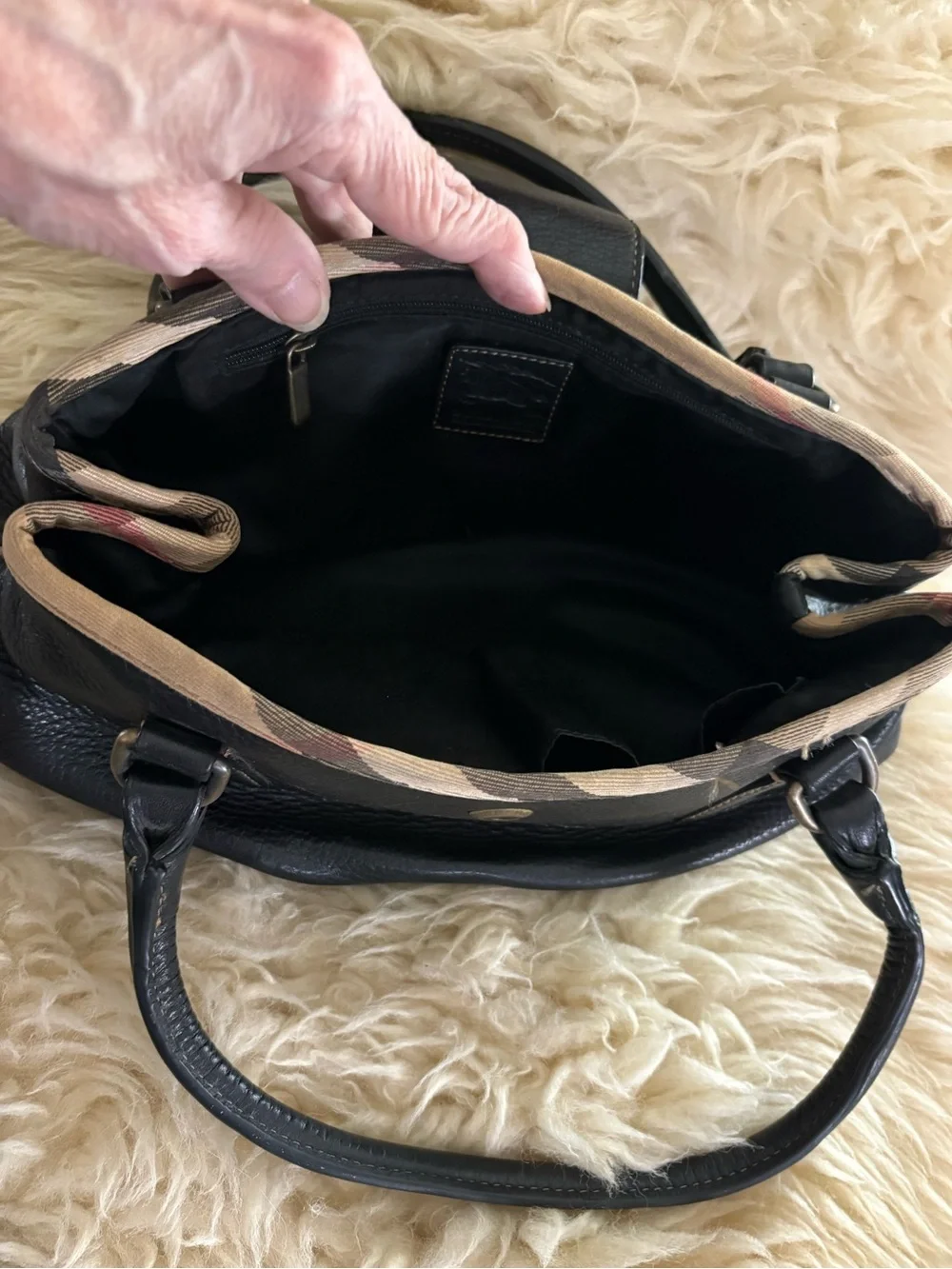 Burberry Black Pebble Soft Leather Satchel Bag with Plaid Trim